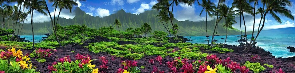 Fototapeta na wymiar Hawaiian environment - natural panoramic image of a tropical Hawaiian landscape made by generative AI