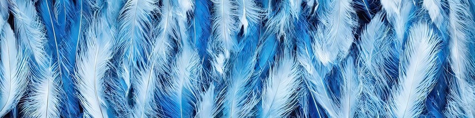 Colorful blue feathers - bright and vibrant feathers in a panoramic extra wide banner image by generative AI
