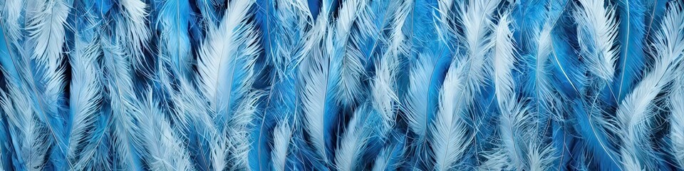 Fototapeta premium Colorful blue feathers - bright and vibrant feathers in a panoramic extra wide banner image by generative AI