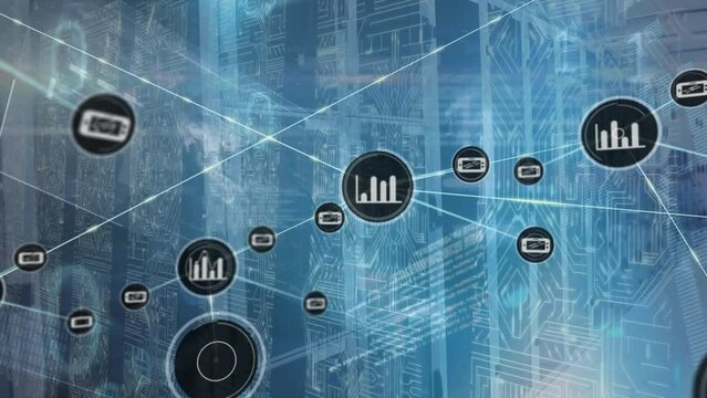 Animation of connected icons, binary codes, computer language, circuit board pattern on server room