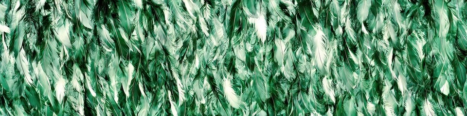 Colorful green feathers - bright and vibrant feathers in a panoramic extra wide banner image by generative AI