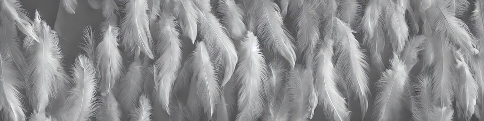 Fototapeta na wymiar Soft white feathers - bright and vibrant feathers in a panoramic extra wide banner image by generative AI