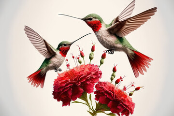 Three red dianthus are covered by a hummingbird spreading her tail; white background. Generative AI