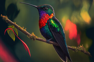 Fototapeta premium Red, lustrous, and glossy bird. The vibrant Fiery throated Hummingbird, Panterpe insignis, is perched on a branch. Costa Rican mountain brilliant animal. Generative AI
