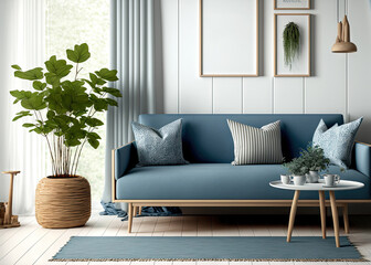 Mockup of a frame, a blue toned, wooden Nordic living room with parquet and a window, a sofa and pillows, a carpet, a rattan table, and decorations. contemporary Scandinavian design,. Generative AI