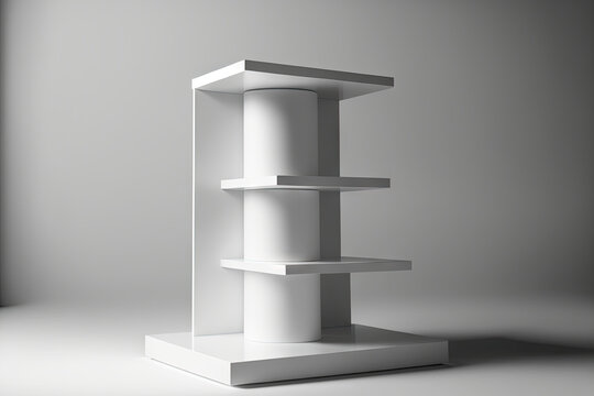 A white, realistic shelf or table is supported by one pillar. a product display template that is empty. Mockup for advertising equipment in good taste. furniture for exhibitions in a light gray tone