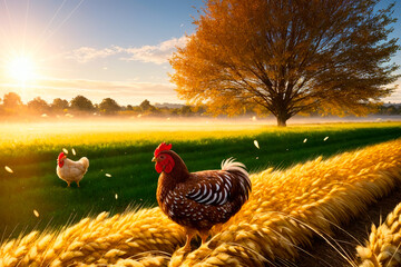 Red chicken on a farm in nature. Hen in a free range farm. Chicken walking in the farm yard. Generative AI
