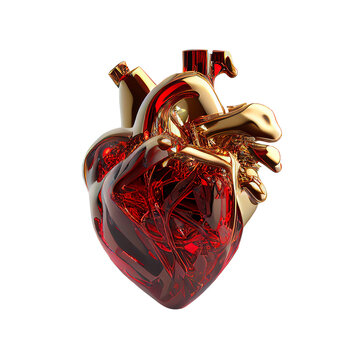 Abstract Red and Gold Glass Heart Realistic Shape, isolated, transparent background PNG