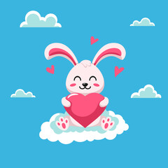 Flat Illustration of Bunny Holding a Big Heart Love. Valentine's Day Vector Illustration.