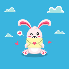 Flat Illustration of Bunny Holding a Love Letter. Valentine's Day Vector Illustration.