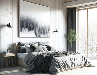 View of a bedroom from the front, with a double bed covered in gray sheets, light colored wood walls, and a huge horizontal poster hanging over it. a toned, mock up image. Generative AI
