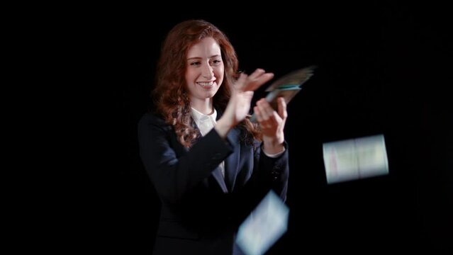 (Camera: ARRI ALEXA, 35mm lens, real time) A caucasian businesswoman flicks money into the air. For more variations of this clip, check out this seller's other videos.