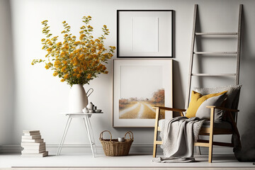 Design of a living room featuring chic dried flowers in a vase, a wooden ladder, plaid, a mock up poster frame, books, a coffee table, and individual home accents. Generative AI
