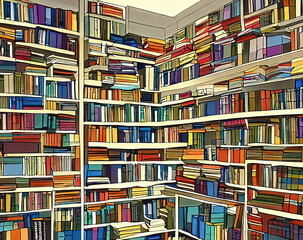 Illustration of various books on shelves in the library
