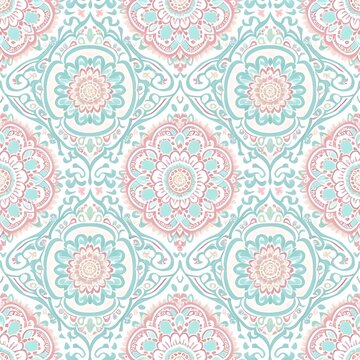 Repeat Pattern Design Pale Pink And Pale Blue Folkloric Design Details On A White Background East Indian And South Asian Influence 