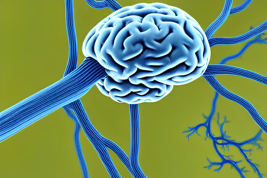 Medical research images of connectivity between brain and nerve circulation in biology system 3D illustration
