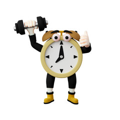 3d rendering illustration of a cute alarm clock lifting a dumbbell