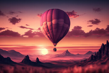 Fototapeta premium Hot Air Balloon floating in Pink Sky, Desert Sunset, Digital Art, Giant Pink Hot Air Balloon floating over the mountains, Epic Landscape, Digital Art, Background, Poster, Print