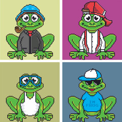 frog character set with accessories in pixel art 