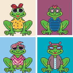 frog character set with accessories in pixel art 