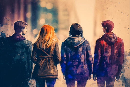 Illustration of four young friends from behind. Adolescents seen from behind painted with watercolor. Two young couples on a dark winter. Youth contemplating the future. Girls, boys. Generative ai.