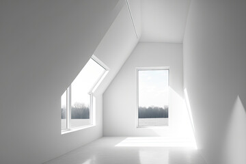 White Modern Simple Frame Geometry Window Upside Interior Home House Room Space Construction Building Plafond Sky Above a Minimalist Hall Wall with a Blank Roof. Generative AI