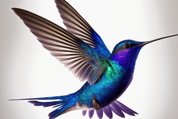 Obraz premium Violet Sabrewing's sparkling blue hummingbird, Campylopterus hemileucurus, in flight, isolated on white background. tropical hummingbird hovering. ready for a variety of uses. Generative AI
