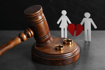 Divorce concept. Wooden gavel, wedding rings and paper cutout of couple with broken red heart on...