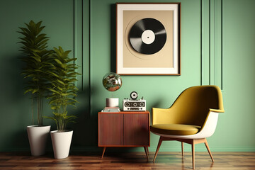 A contemporary living room interior design featuring a plush armchair, a wooden toilet, a mock up poster frame, a vinyl record player, and contemporary home decor. colored wall. . Copy space