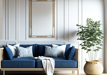 Japandi minimalist living room in white and blue tones with frame mockup. Sofa, wallpaper and rattan furniture. Farmhouse interior design, 3d illustration. Generative AI