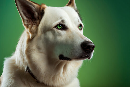 White Labrador Husky Mix Dog on Green Background, Animals. Generative AI
