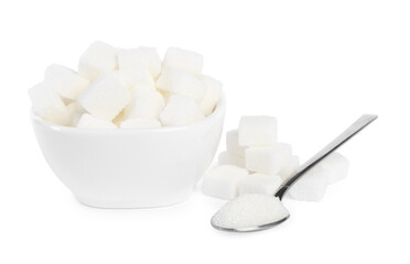 Ceramic bowl and spoon with refined sugar cubes on white background