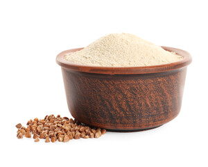 Bowl of buckwheat flour on white background