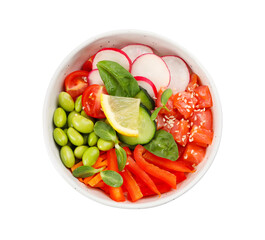 Poke bowl with salmon, edamame beans and vegetables isolated on white, top view
