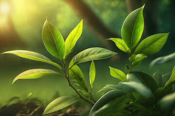 Green tea leaves at a morning tea plantation. Generative AI
