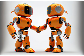Orange robot shake hand isolated on white background. 3D rendering image with clipping path