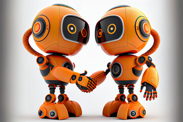 Orange robot shake hand isolated on white background. 3D rendering image with clipping path