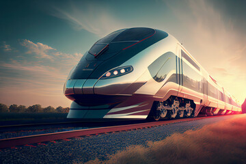 Naklejka premium Futuristic high-speed express passenger train. Logistics of the future, modern technologies