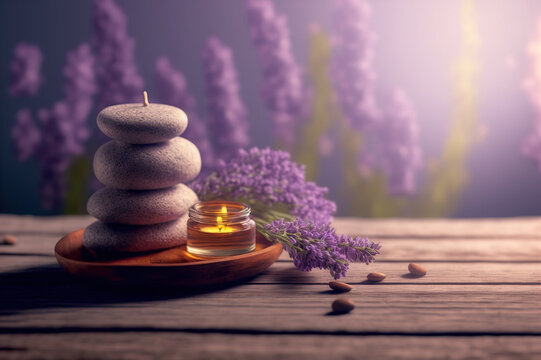AI Generative image, spa lavender composition set in spa hotel , beauty wellness center . Spa product are placed in luxury spa resort room , ready for massage therapy . Sublime Generative AI image .