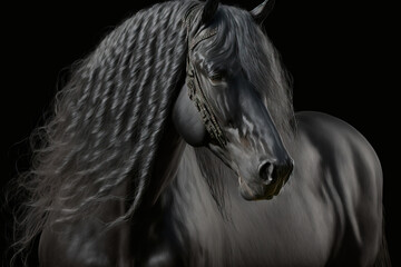 Long maned black Andalusian horse in a portrait. Generative AI