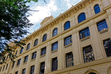 Fototapeta na wymiar Facade of old building of Post Office Palace or Palacio dos Correios in Portuguese. Sao Paulo downtown, Brazil