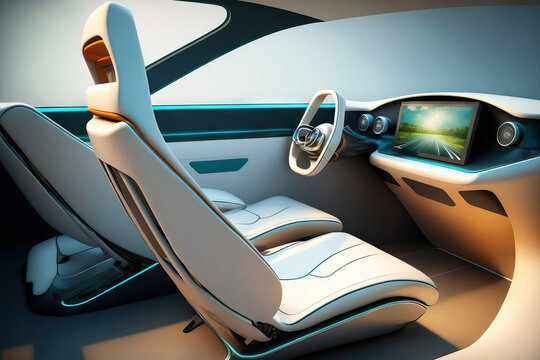Interior design for an autonomous vehicle. The automobile has a rotating passenger seat and a foldable steering wheel. original style. Generative AI