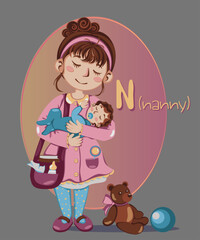 Naklejka premium nanny Illustration of occupations in alphabetical order for children's books or professions day.Letter 