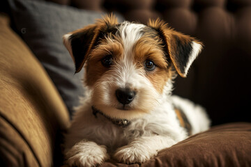 Photograph of a wire haired Jack Russell Terrier puppy in the dog bed at the age of four months. Small dog with a rough coat and amusing fur spots relaxing on a couch. Background, copy space, and clos