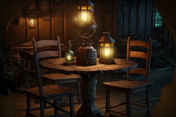 Lantern Lit Table and Chairs in Tavern, Pub Interior, Medieval Fantasy RPG [Generative AI]