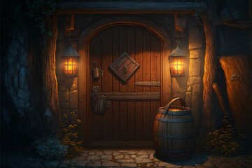 Old Wooden Door with Barrel and Lanterns, Exterior of Building Medieval Fantasy RPG [Generative AI] - obrazy, fototapety, plakaty