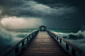 Old wooden jetty amid an oceanic storm. Ending with an ethereal glow. idea of the future, deity, religion, etc. Generative AI - obrazy, fototapety, plakaty