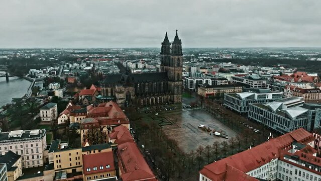 Aerial view of Cathedral Square (Domplatz) and Magdeburg Cathedral (Dom zu Magdeburg) in winter .