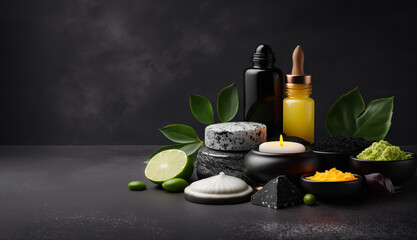 Beautiful spa composition with candles on dark background.  digital ai art

