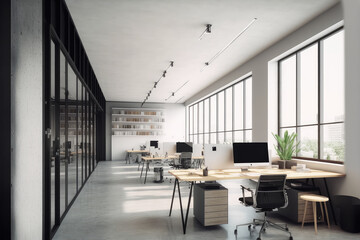 Modern office interior design . Contemporary workspace for creative business. Peculiar AI generative image.